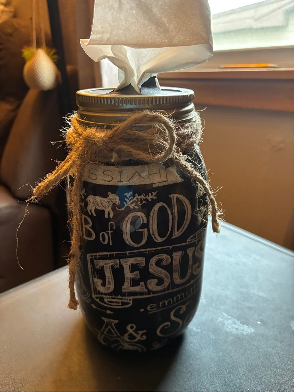 Rustic Black 'Jesus'  Mason Jar Tissue Dispenser 7”